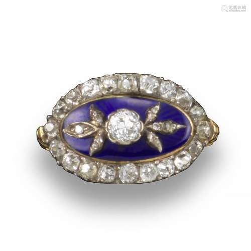 A late 18th century diamond and blue enamel ring, centred with a cushion-shaped diamond between