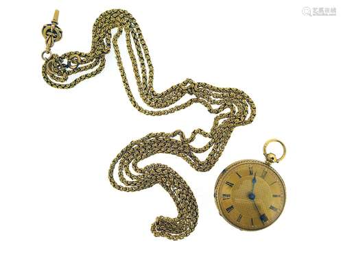 An 18ct yellow gold key-wind open-faced fob watch, the gold dial with engine-turned decoration and