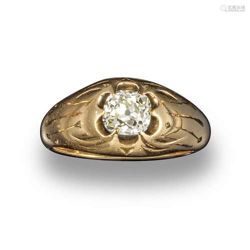 A diamond gypsy ring, the cushion-shaped diamond is claw-set in plain polished yellow gold shank,