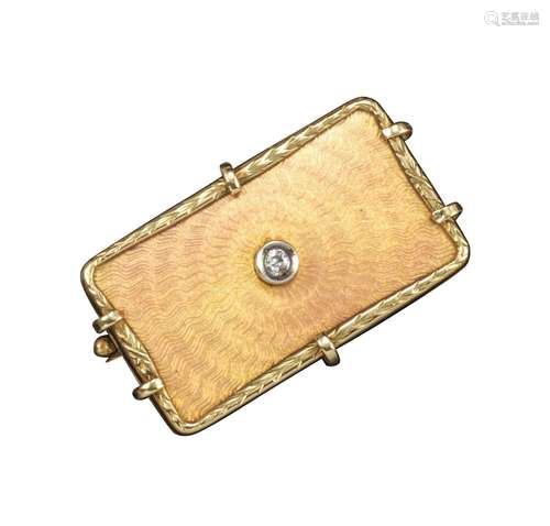 A pink enamel rectangular gold brooch, set with a circular-cut diamond to the centre within gold