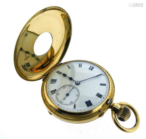 An 18ct yellow gold half hunting-cased pocket watch, the outer case with blue Roman numerals,