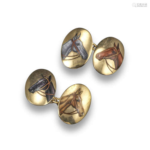 A pair of gold horse cufflinks, each oval link painted with an enamel horse head, including a