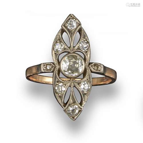 pierced millegrain-set diamond surround in platinum and gold, size Q