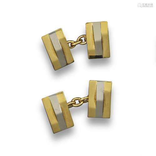 A pair of rectangular yellow and white gold cufflinks, each link with raised centres, 1.5cm long,