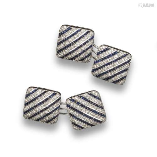 A pair of square-shaped dress cufflink, with alternate diagonal lines of calibre-cut sapphires and