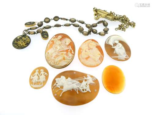A mother of pearl bead necklace suspending three shakudo plaques each depicting birds amongst