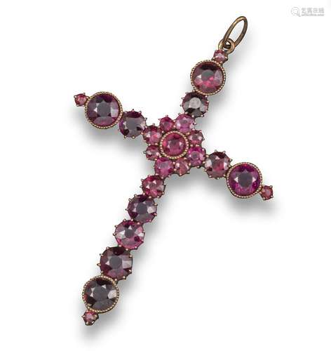 A Victorian garnet-set gold cruciform pendant, the graduated circular-cut garnets are set in