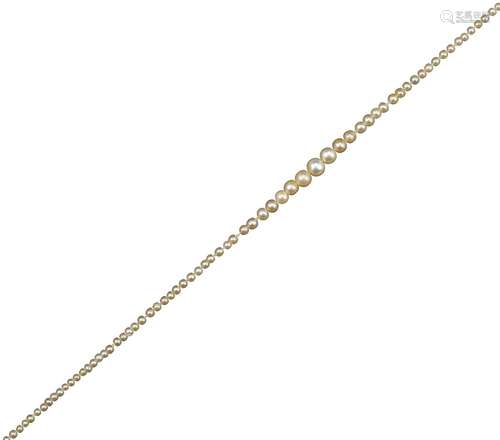 A single-row natural pearl necklace, with a diamond and pink sapphire-set clasp (sapphire loose),