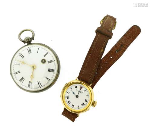 A lady's 18ct gold 'trench'-style wrist watch by T W Harris London, hallmarked 1922, keyless-wind