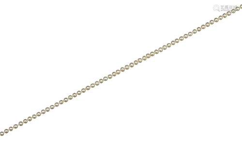 A single-row natural pearl necklace, the silver and gold clasp set with three rose-cut diamonds,