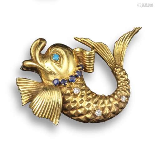 A gem-set gold fish brooch by Ben Rosenfeld, of stylised design, set with circular-cut diamonds a
