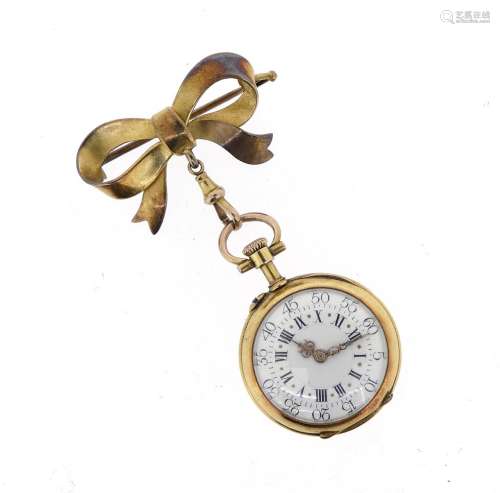 A gold fob watch, the white enamel dial with Roman numerals and outer Arabic numerals, the reverse