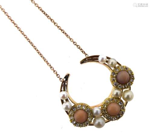 An Edwardian coral, pearl and diamond crescent pendant, the gold closed crescent pendant