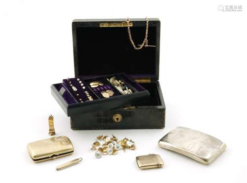 A jewellery box containing assorted jewellery including, a 9ct gold fancy-link watch chain, two