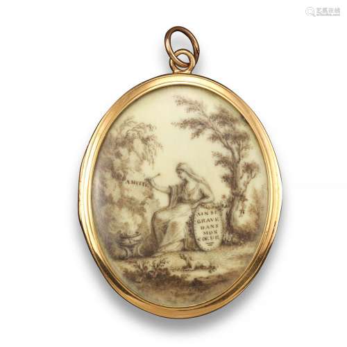 An early 19th century romantic pendant, one side painted in sepia on ivory depicting a seated