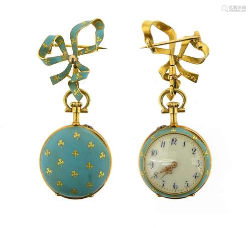 A Victorian blue enamel fob watch, the plain white dial with blue Arabic numerals, within