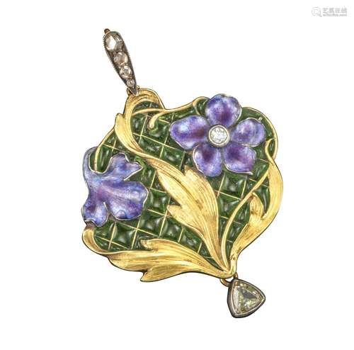 A Russian Art Nouveau floral pendant, the purple flowers with enamel decoration and one centred with