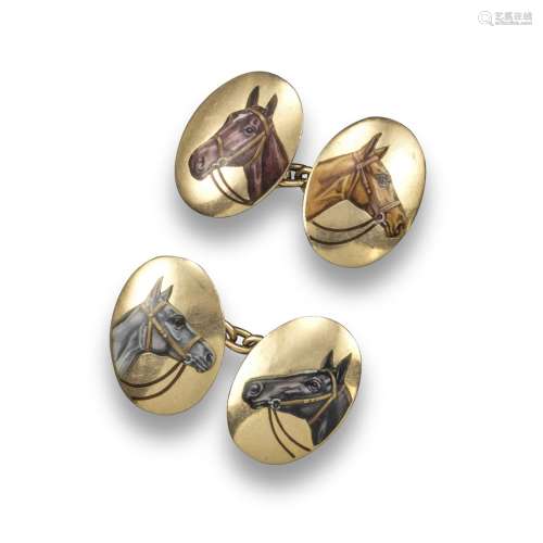 A pair of gold horse cufflinks, each oval link painted with an enamel horse head, including a