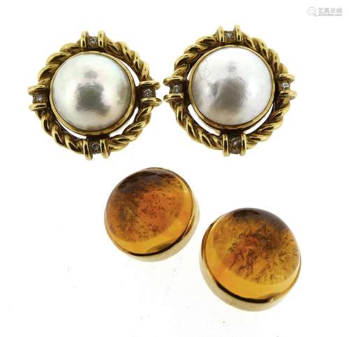 A pair of mabé pearl-mounted gold earrings by Kiki McDonough, each earring centred with a circular