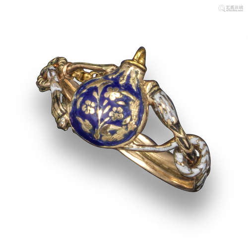 A George III ring incorporating a miniature perfume bottle with stopper, the pear-shaped bottle with