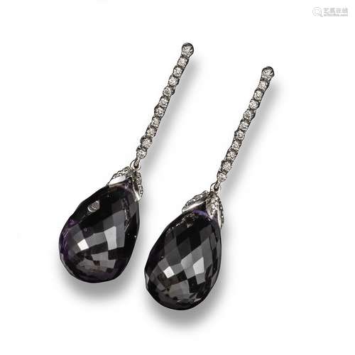 A pair of amethyst and diamond drop earrings, the briolette-cut amethysts suspend from an