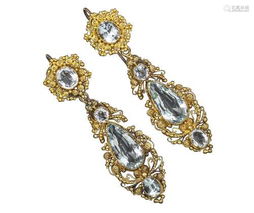 A pair of early 19th century aquamarine drop earrings, the graduated aquamarines are set within