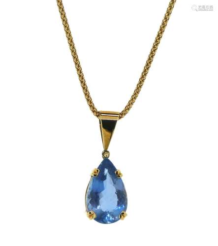 A pear-shaped aquamarine-set yellow gold pendant, on a fine-link yellow gold neck chain, chain 42cm,