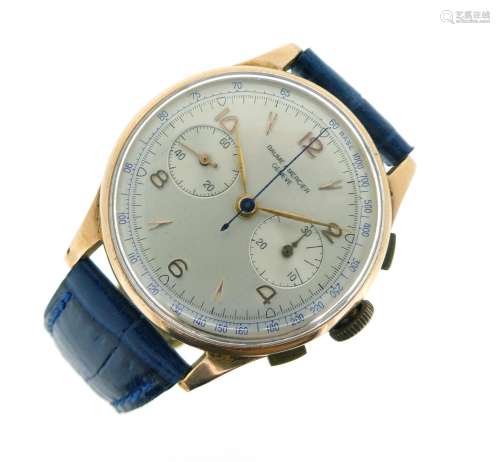 BAUME & MERCIER - an 18ct gold gentleman's chronograph wrist watch, silver dial with rose gold