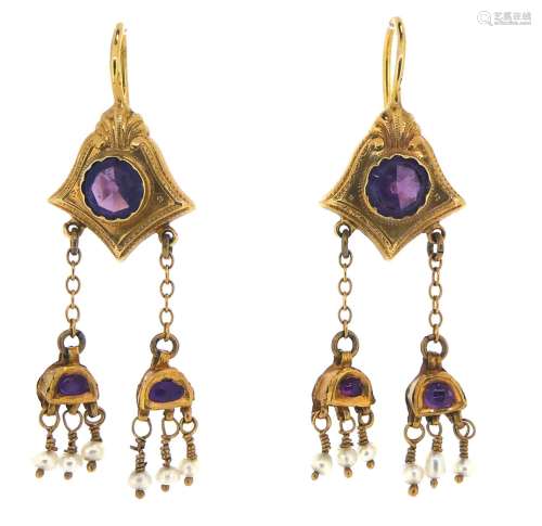 A pair of 19th century French gold and garnet drop earrings, the garnet-set upper sections suspend