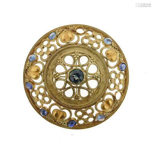A sapphire set gold circular plaque by H.G. Murphy, decorated with green and blue sapphires (two