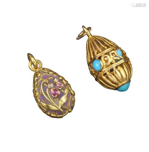 An early 20th century Russian and an Austro-Hungarian egg pendant, one with yellow gold cage work