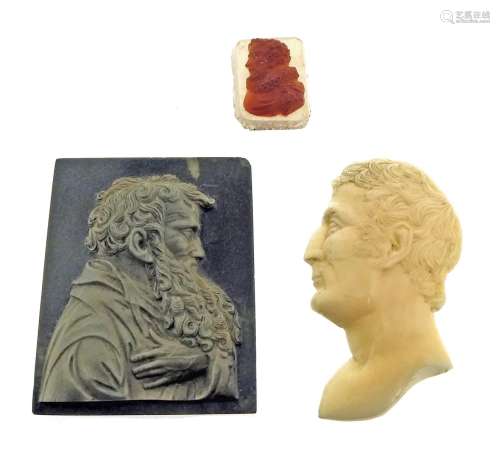 Three portrait cameos, the profile of the Duke of Wellington carved in bone, 4.7cm high, the