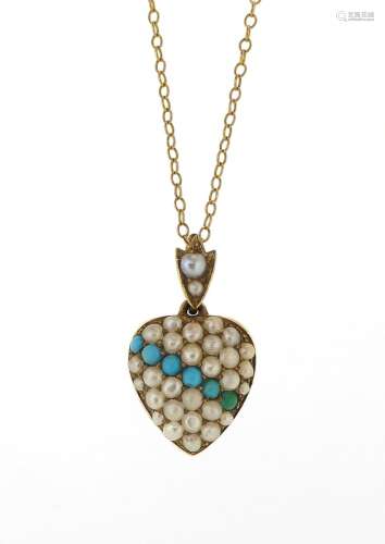 A Victorian seed pearl and turquoise heart pendant, set in yellow gold with glazed locket