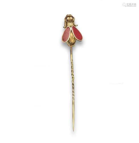 A late 19th century gold bee stick pin, realistically formed and with carnelian-mounted wings (chips