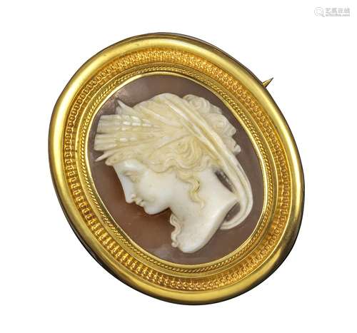 A Victorian shell cameo brooch, depicting Ceres, within gold pellet decorated border, glazed