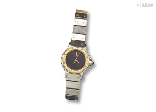 CARTIER - a lady's bi-metal Santos Ronde blacelet watch, burgundy dial. Signed automatic calibre