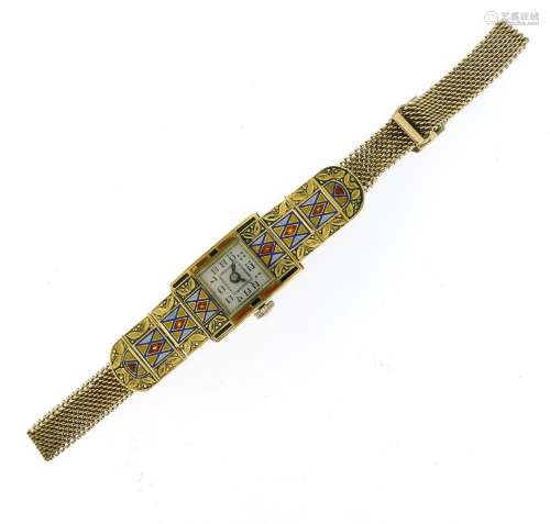 A lady's Art Deco Egyptian Revival gold and enamel wristwatch, the square dial with black Arabic
