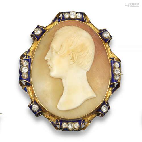 A shell cameo brooch by Tommaso Saulini, c1870, depicing the young Edward VII in profile, within