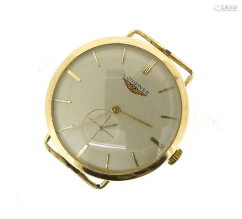 LONGINES - a gentleman's 9ct gold bracelet watch, silvered dial with gold baton markers, signed