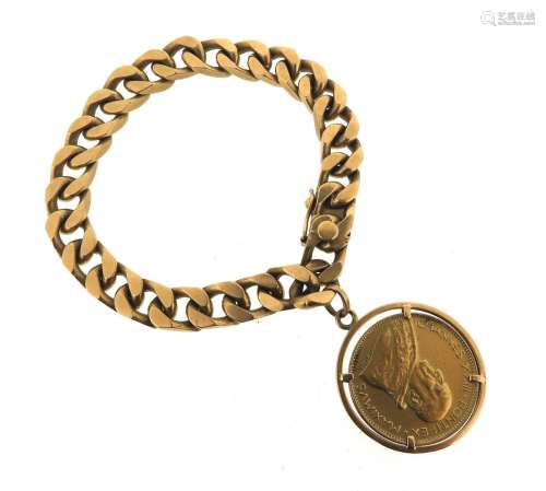 A gold flat curb-link bracelet, set with a 1963 gold Ducat in gold collet, 72g