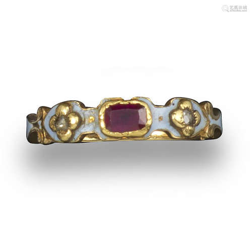 A Victorian ruby, diamond and enamel gold ring, of scroll design and centred with a rectangular-