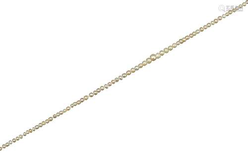 A single-row natural pearl necklace, with a fluted gold ball clasp, 54cm Accompanied by report