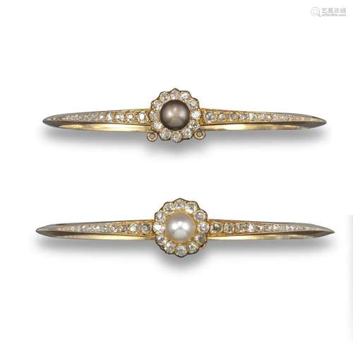 A pair of late Victorian natural pearl and diamond-set hinged bangles, each gold bangle centred with