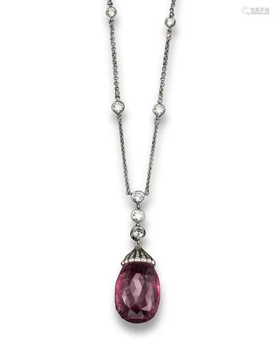 A briolette-cut rubelite and diamond pendant, the pink tourmaline briolette with a diamond-set