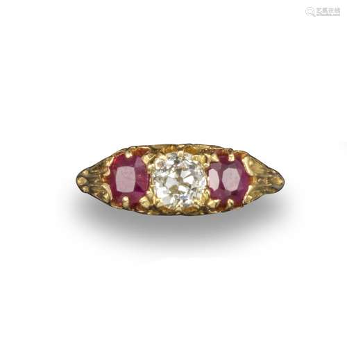 A late 19th century ruby and diamond ring, the circular cushion-shaped diamond is claw-set and