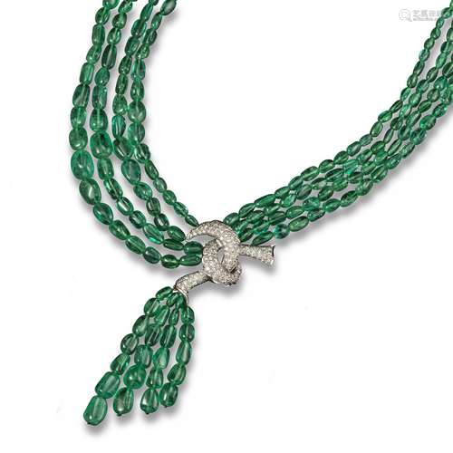 A four-row emerald bead necklace, mounted with a white gold knot pave-set overall with round