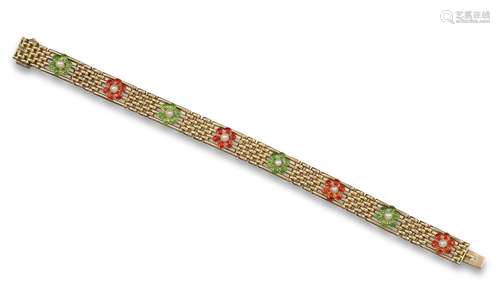 A gold gate-link bracelet, set with eight flower heads, each centred with a seed pearl and