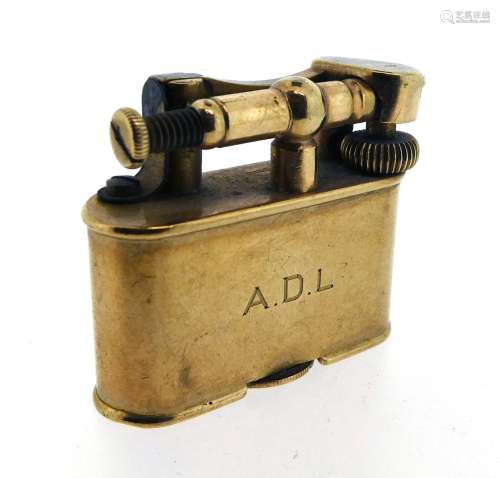 A 9ct gold Dunhill lift arm short rectangular cigarette lighter, the arm signed Dunhill and REG