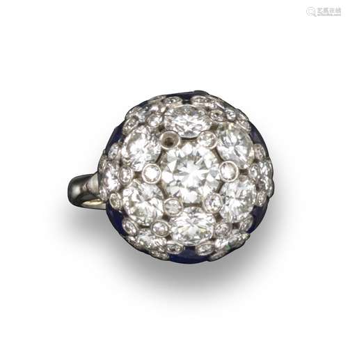 A diamond and sapphire-set sphere ring, pavé-set with graduated round brilliant-cut diamonds and