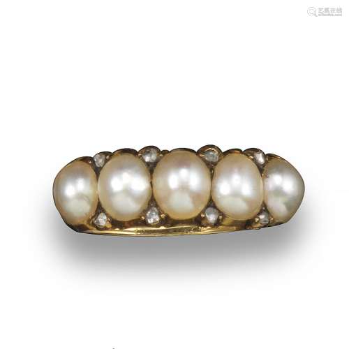 A pearl and diamond half-hoop ring, set with five pearls and diamond pointers in carved and